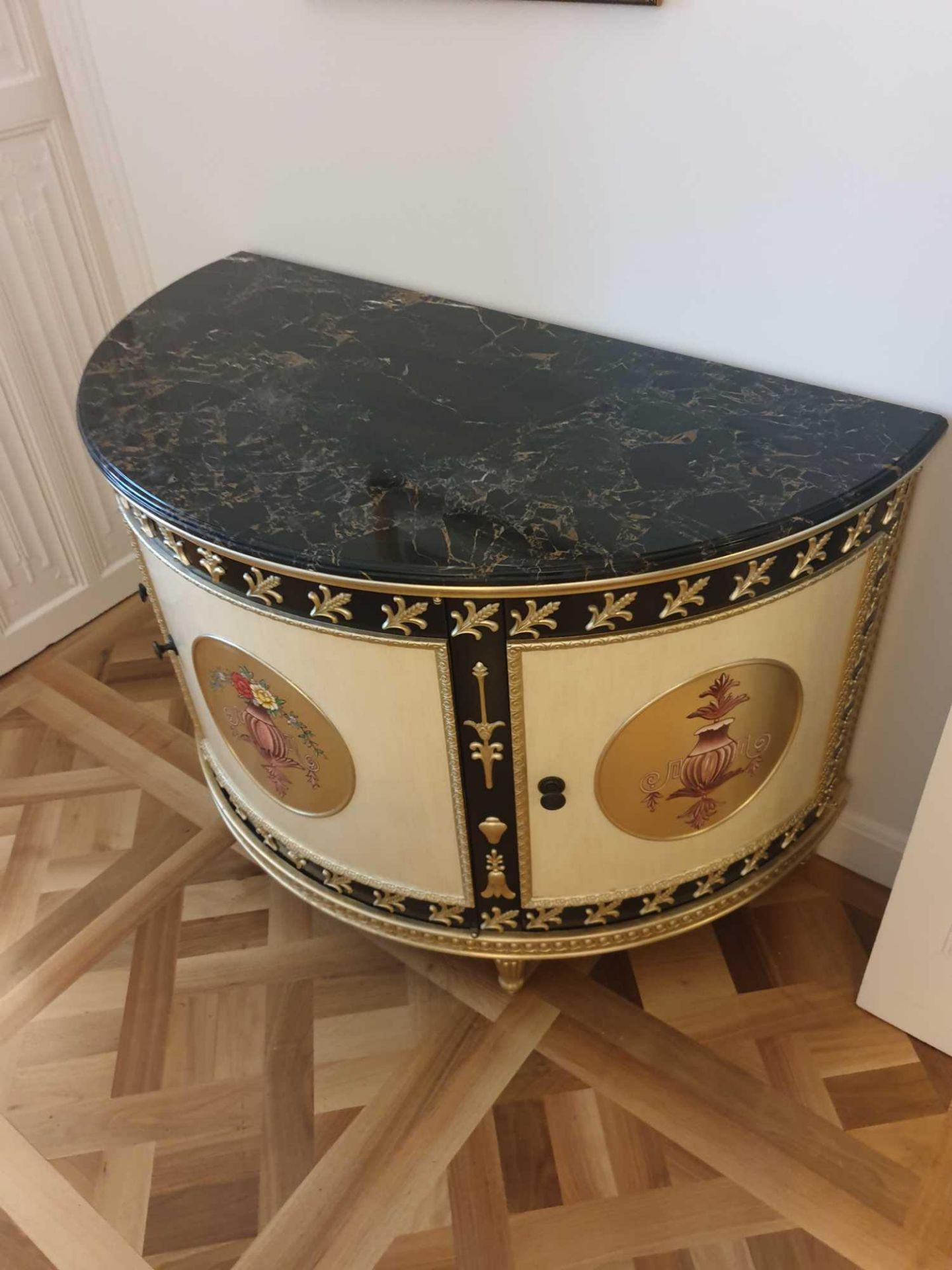 Adam Style Demilune Commode Cabinet With Classical Painted Scenes And Gilded Decoration With - Image 3 of 4