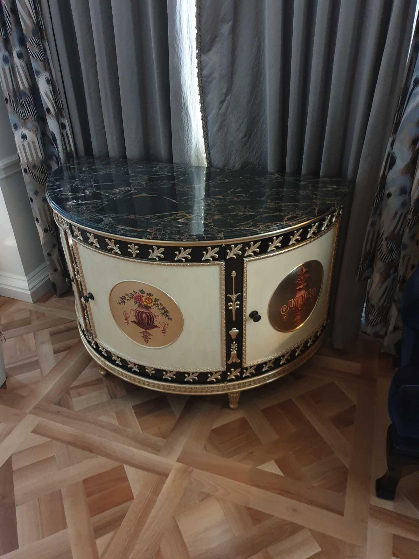 Adam Style Demilune Commode Cabinet With Classical Painted Scenes And Gilded Decoration With