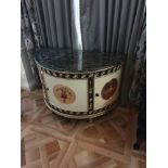 Adam Style Demilune Commode Cabinet With Classical Painted Scenes And Gilded Decoration With