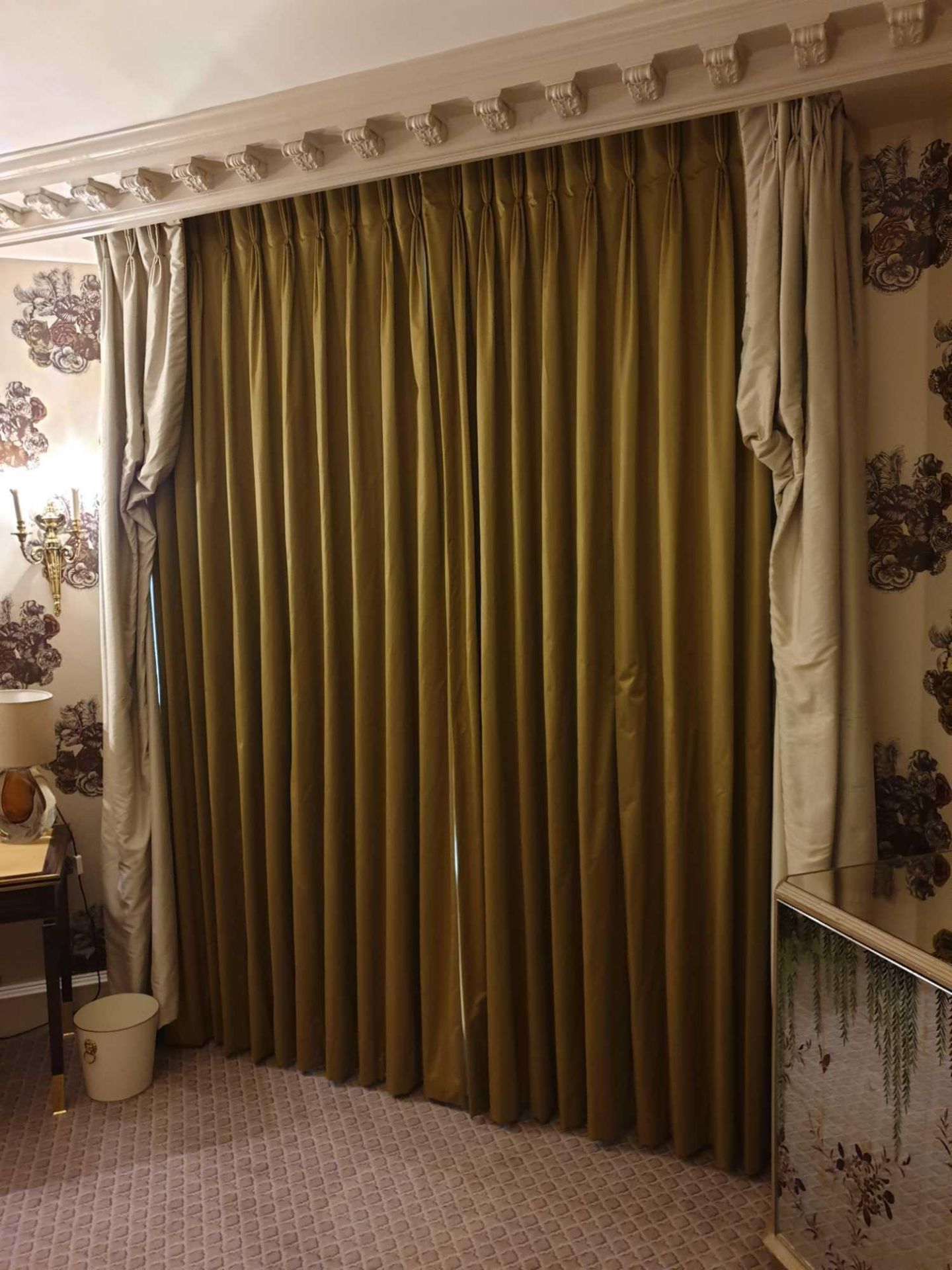 A Pair Of Silk Drapes And Jabots Green And Grey With Piped Trim 220 x 280cm (Room 740)