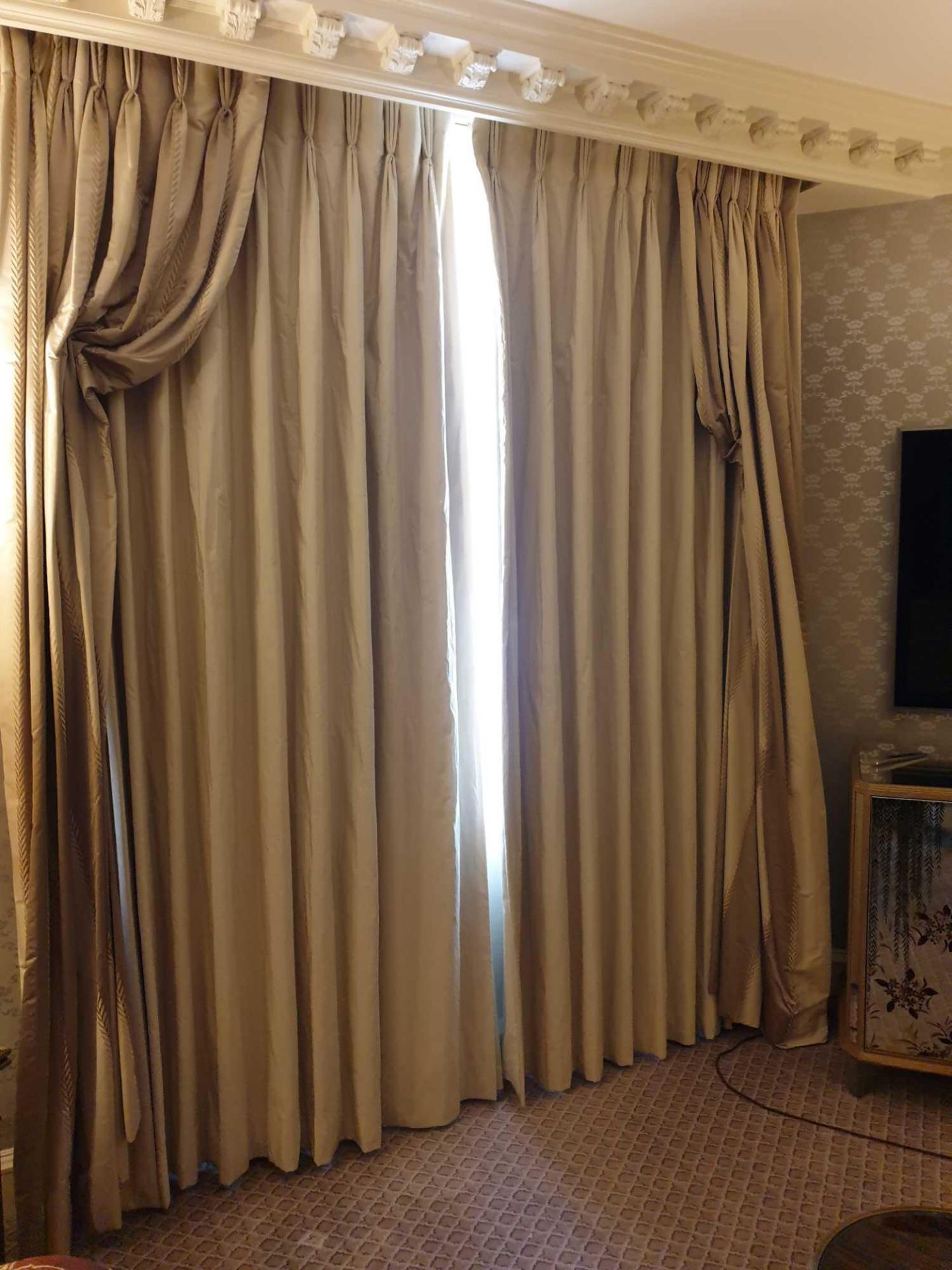 A Pair Of Silk Drapes And Jabots Gold And Dark Gold Stripes With Piping 220 x 280cm (Room 721)