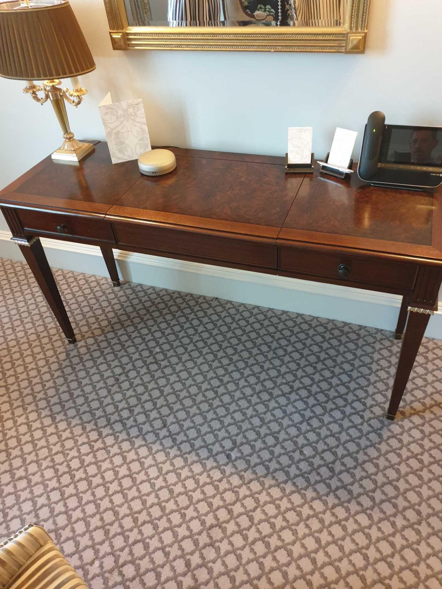 A Burr Mahogany Writing Desk / Dressing Table Fitted With Two Small Side Drawers The Central Panel - Image 2 of 3