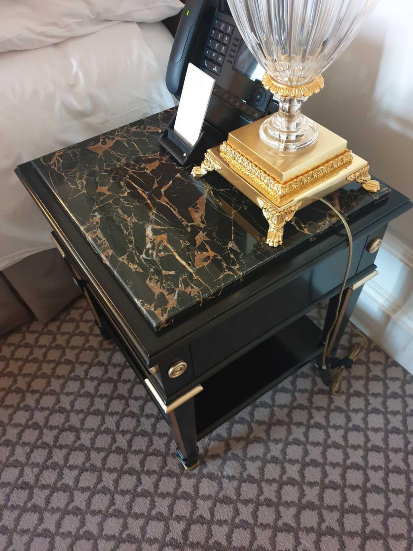 A Pair Of Marble Top Chinoiserie Black Lacquer Nightstands With Single Drawer With Hand Painted - Image 3 of 3