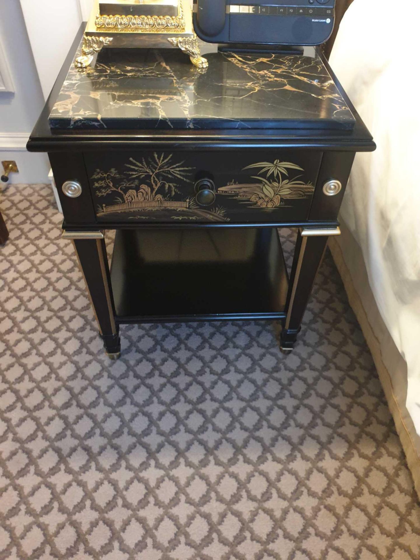 A Pair Of Marble Top Chinoiserie Black Lacquer Nightstands With Single Drawer With Hand Painted