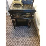 A Pair Of Marble Top Chinoiserie Black Lacquer Nightstands With Single Drawer With Hand Painted