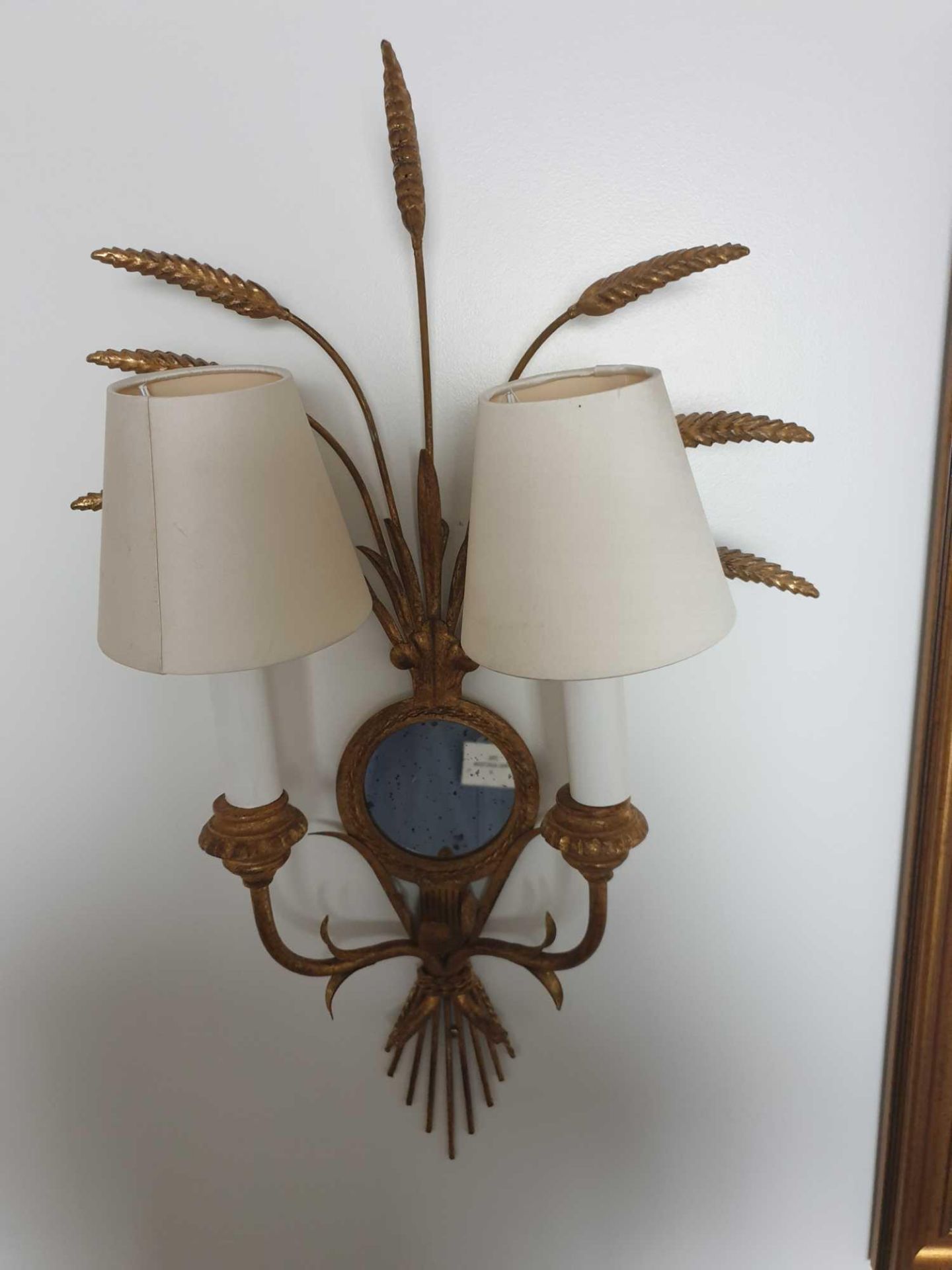 A Pair Of Wall Appliques Twin Arm In A Elegant Wheatsheaf Motif And A Small Decorative Mirror - Image 2 of 2