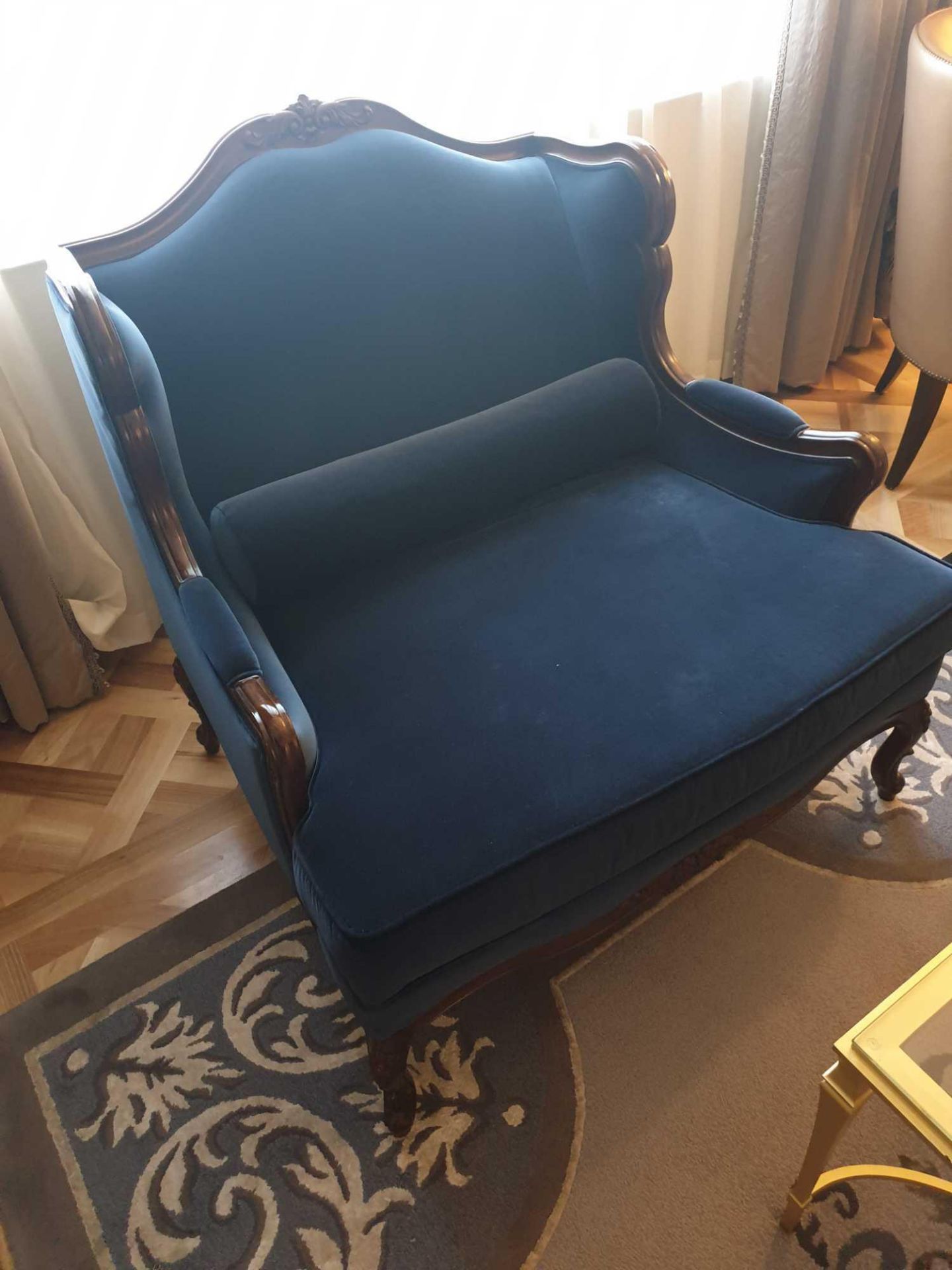 Louis XV Style Loveseat Mahogany Carved With Floral Patina And Cabriole Legs Blue Upholstered 100