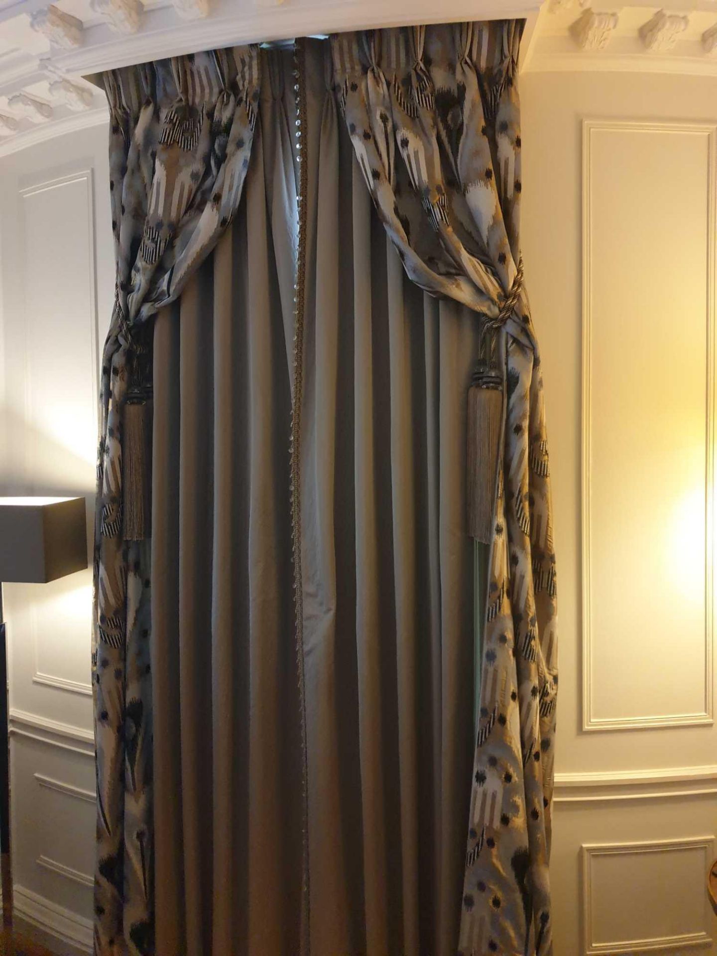 A Pair Of Silk Drapes And Jabots Abstract Pattern Featuring Stripes And Spots Trim And Tassels 140 x