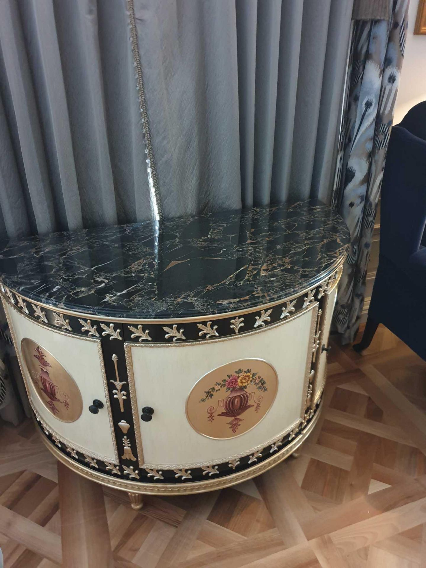 Adam Style Demilune Commode Cabinet With Classical Painted Scenes And Gilded Decoration With - Image 4 of 4
