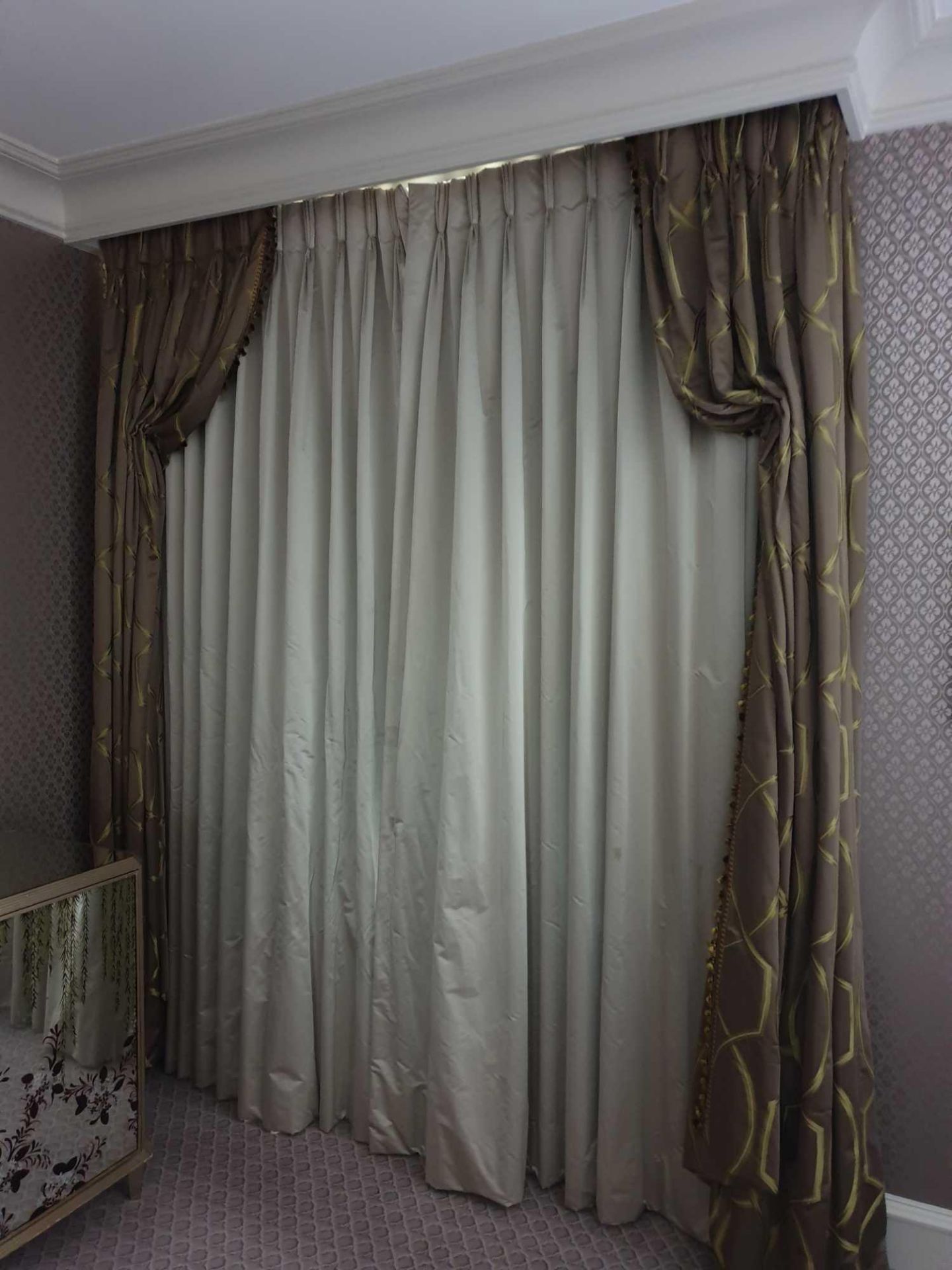 A Pair Of Silk Drapes And Jabots Dark Grey With Grey And Green Chain Style Pattern Tassel Trim And