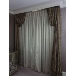 A Pair Of Silk Drapes And Jabots Dark Grey With Grey And Green Chain Style Pattern Tassel Trim And