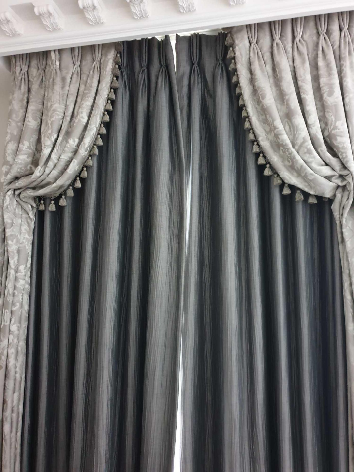 A Pair Of Silk Drapes And Jabots Fully Lined Curtains In Dark Textured Grey 250 x 255cm (Room - Image 2 of 2