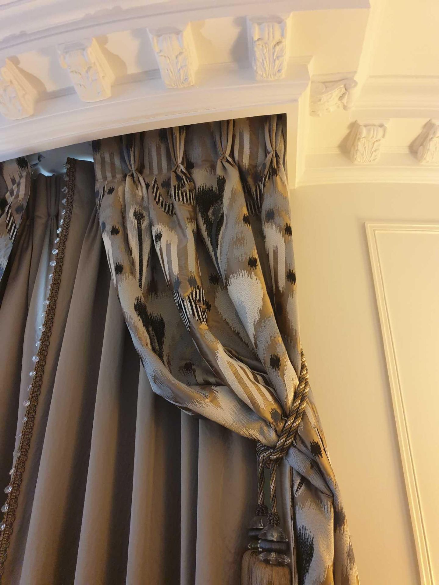 A Pair Of Silk Drapes And Jabots Abstract Pattern Featuring Stripes And Spots Trim And Tassels 180 x