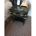 A Pair Of Marble Top Chinoiserie Black Lacquer Nightstands With Single Drawer With Hand Painted