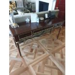 Writing Desk With Tooled Leather Inlay Faux Central Drawer Flanked By Single Drawer And Flap