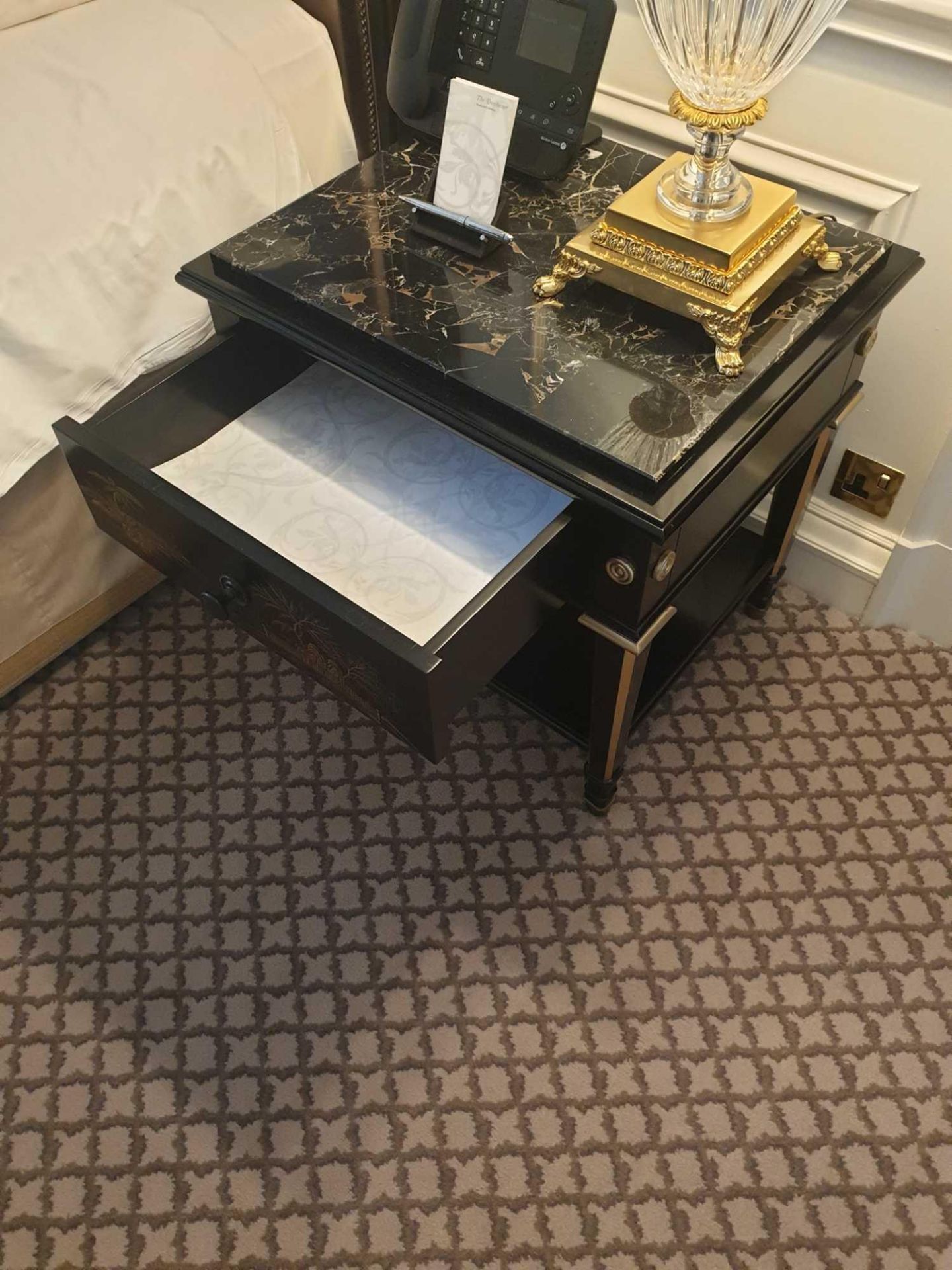A Pair Of Marble Top Chinoiserie Black Lacquer Nightstands With Single Drawer With Hand Painted - Image 2 of 3
