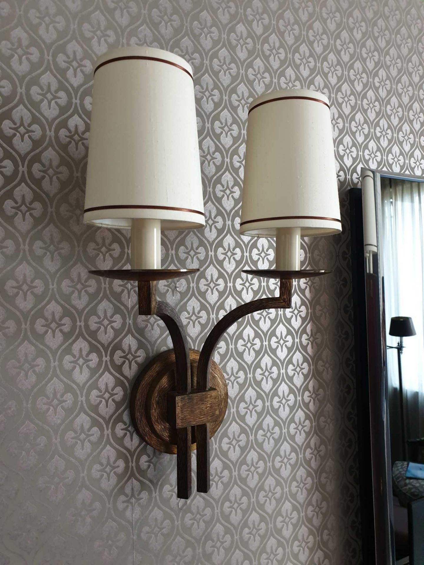 A Pair Of Dernier And Hamlyn Twin Arm Antique Bronzed Wall Sconces With Shade 51cm (Room 714)