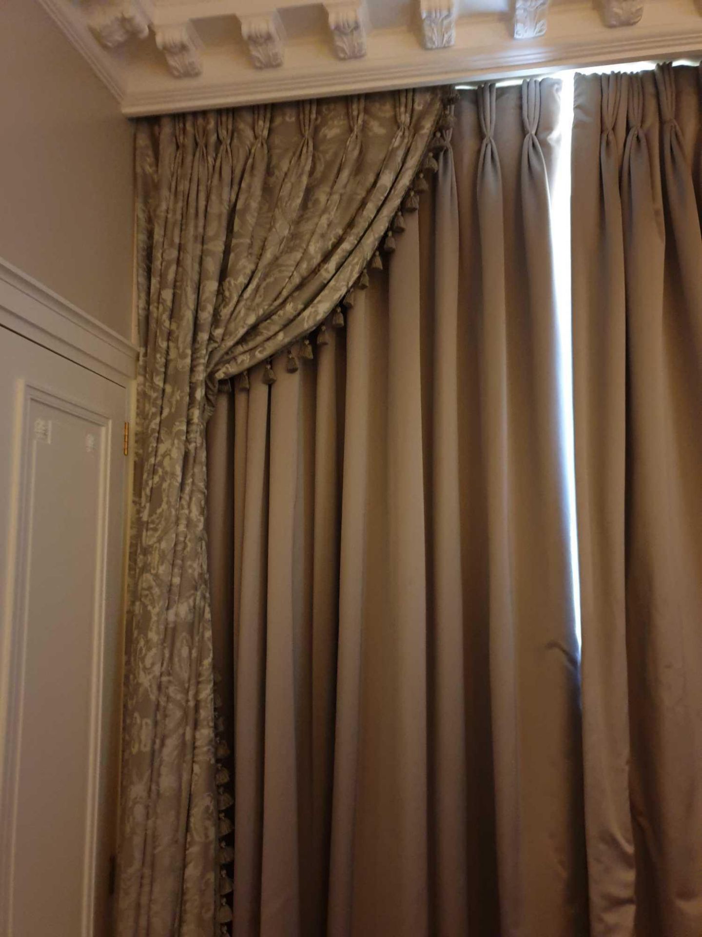 A Pair Of Silk Drapes And Jabots Fully Lined Curtains In Dark Textured Grey 230 x 290cm (Room - Image 2 of 3