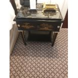 A Pair Of Marble Top Chinoiserie Black Lacquer Nightstands With Single Drawer With Hand Painted