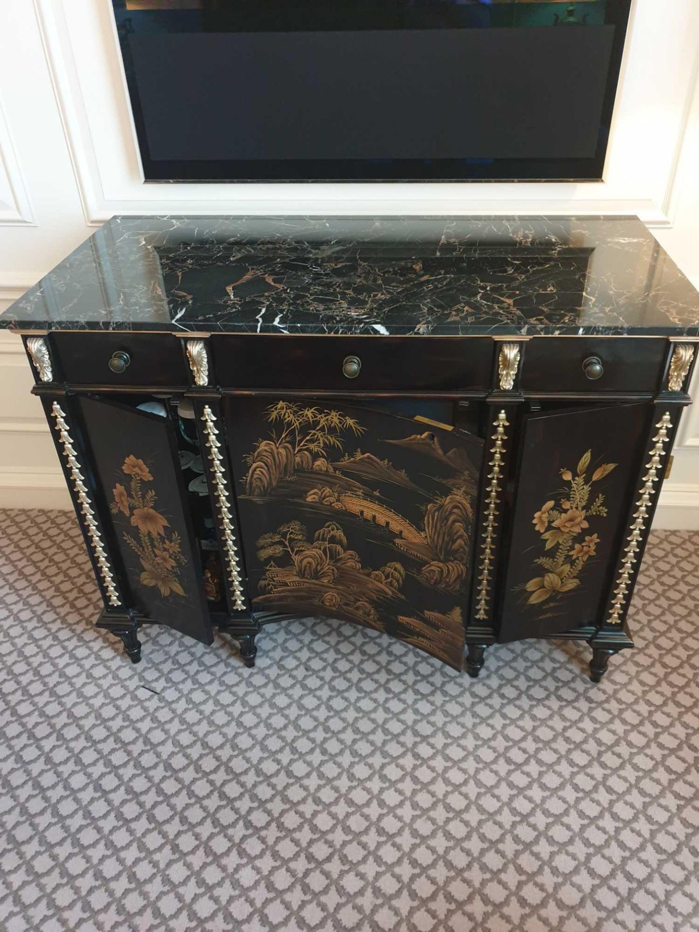 Black Lacquer Hand Decorated Chinoiserie Serpentine Commode By Restall Brown And Clennell The Six