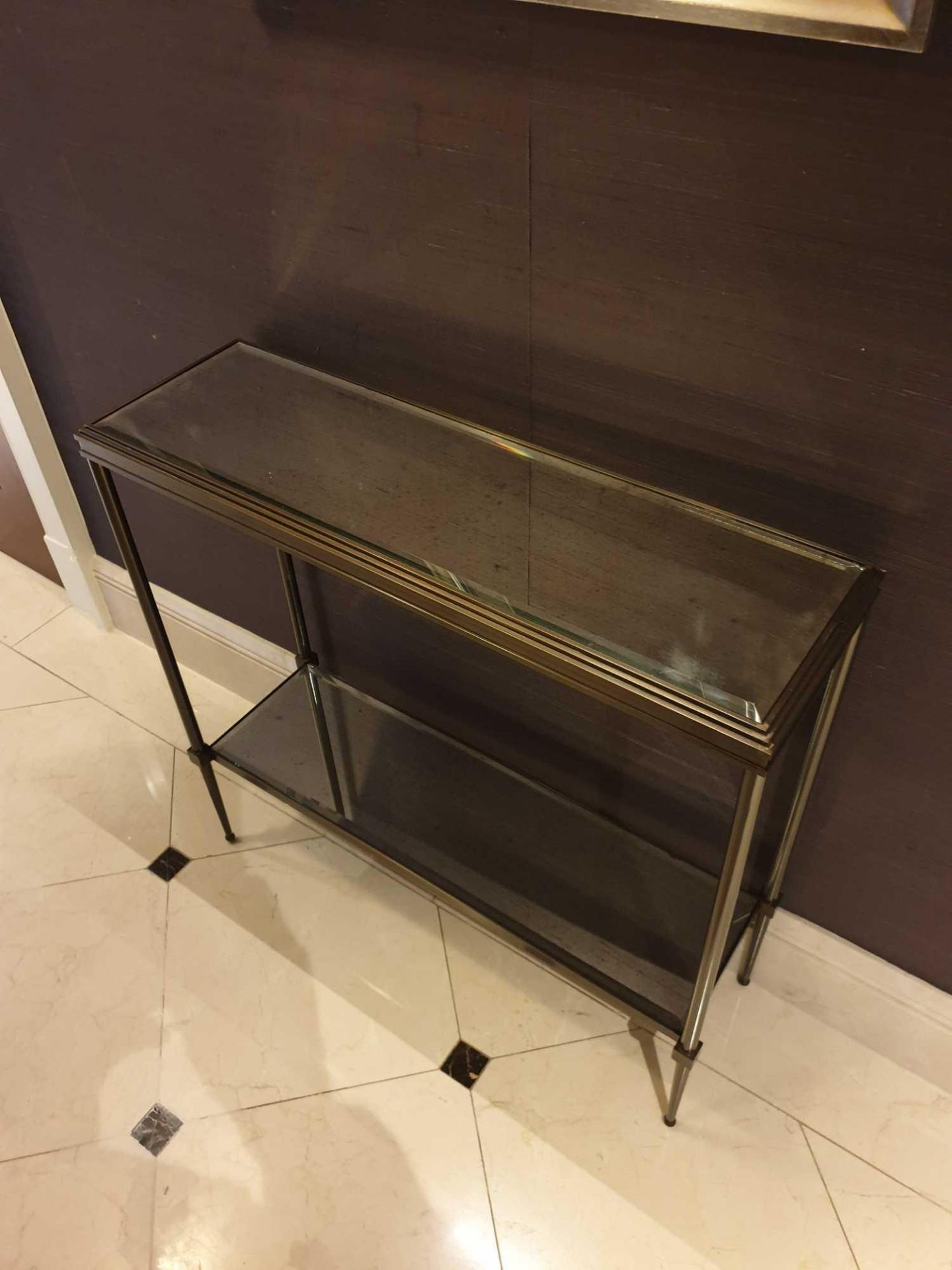 A Forged Metal Two Tier Console Table With Glass Shelves 88 x 24 x 74cm (Room 728)