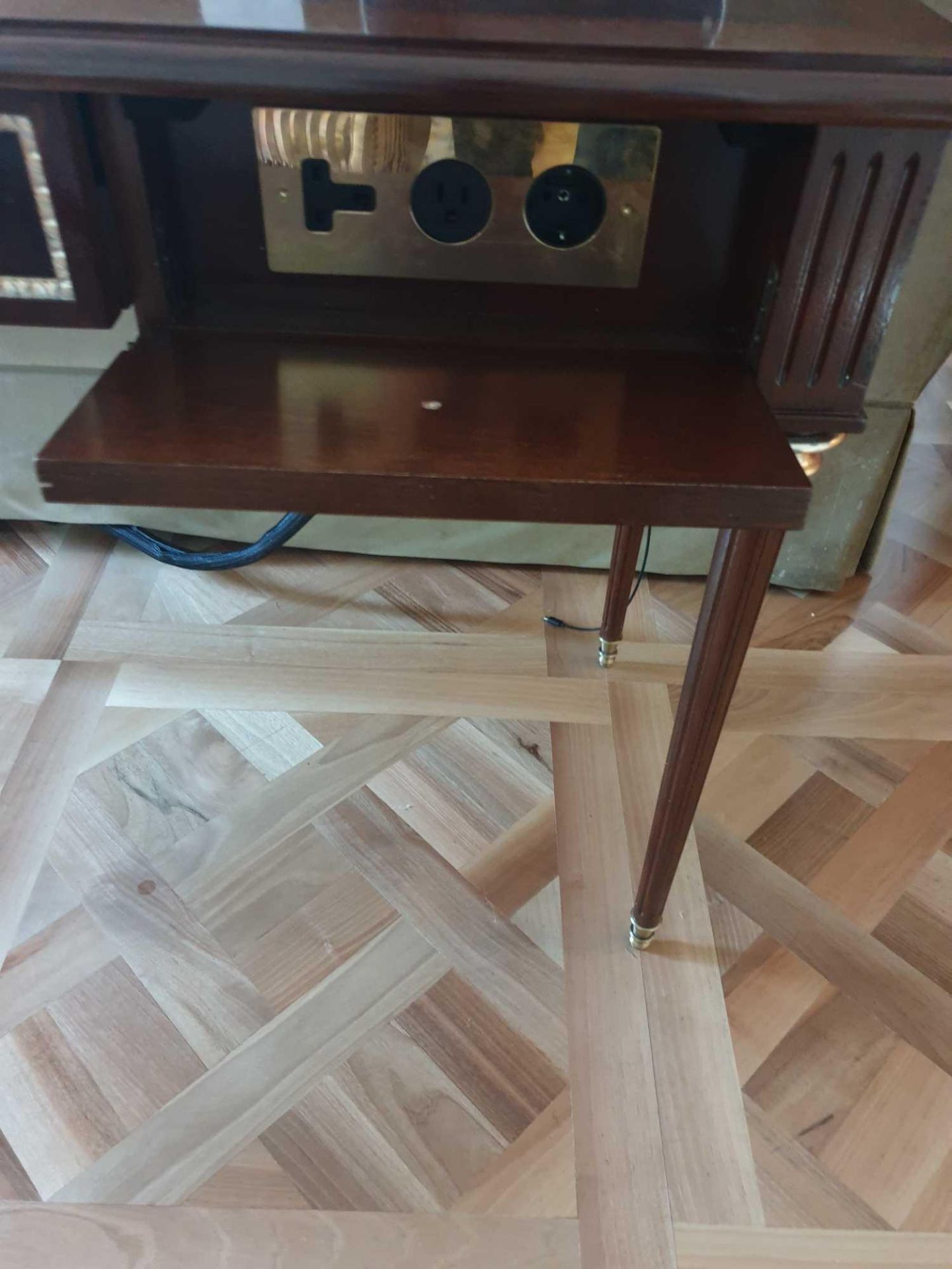 Writing Desk With Tooled Leather Inlay Faux Central Drawer Flanked By Single Drawer And Flap - Image 4 of 4