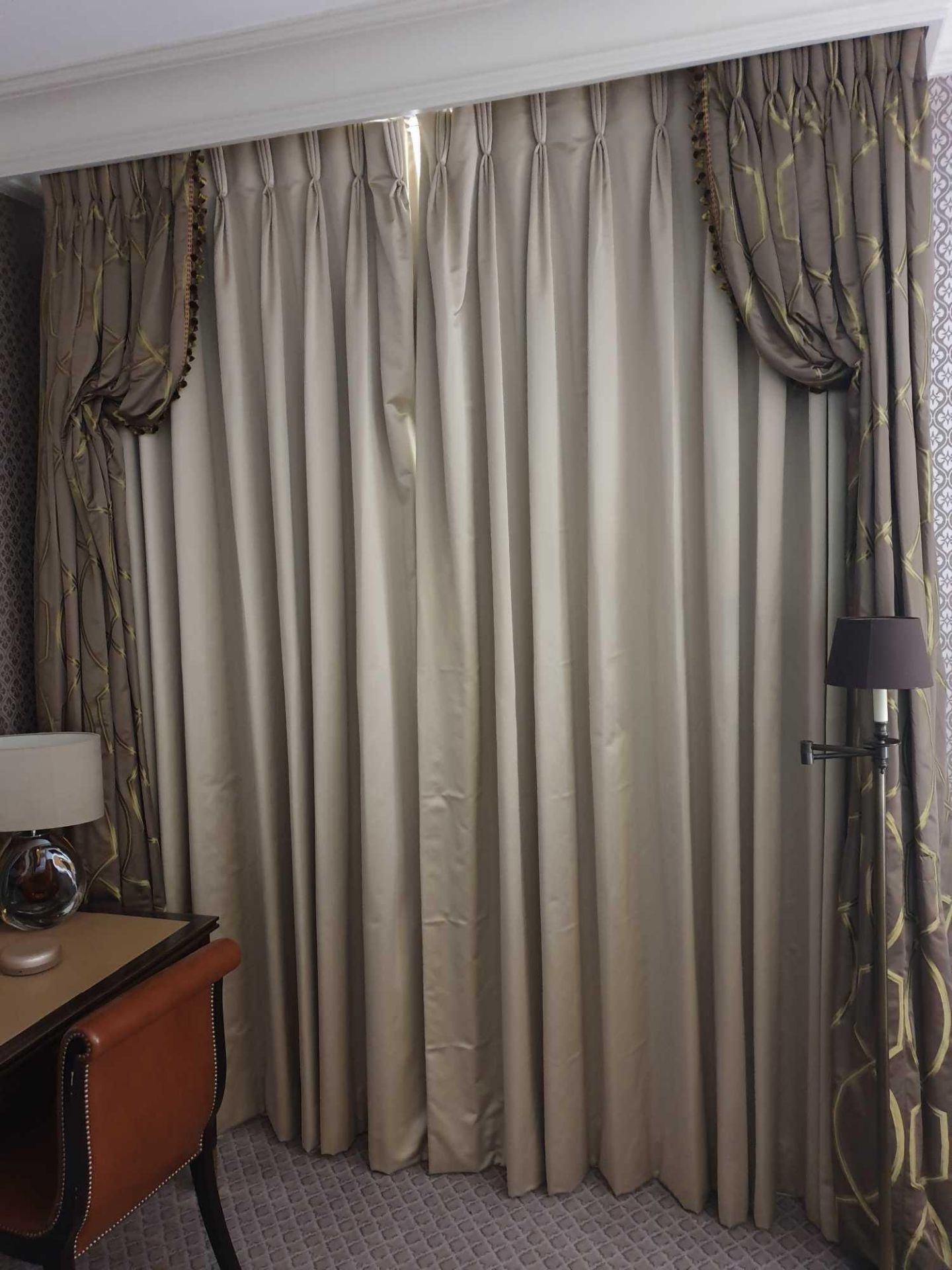 A Pair Of Silk Drapes And Jabots With Green And Grey Chain Pattern Tassels And Piping 220 x 280cm (