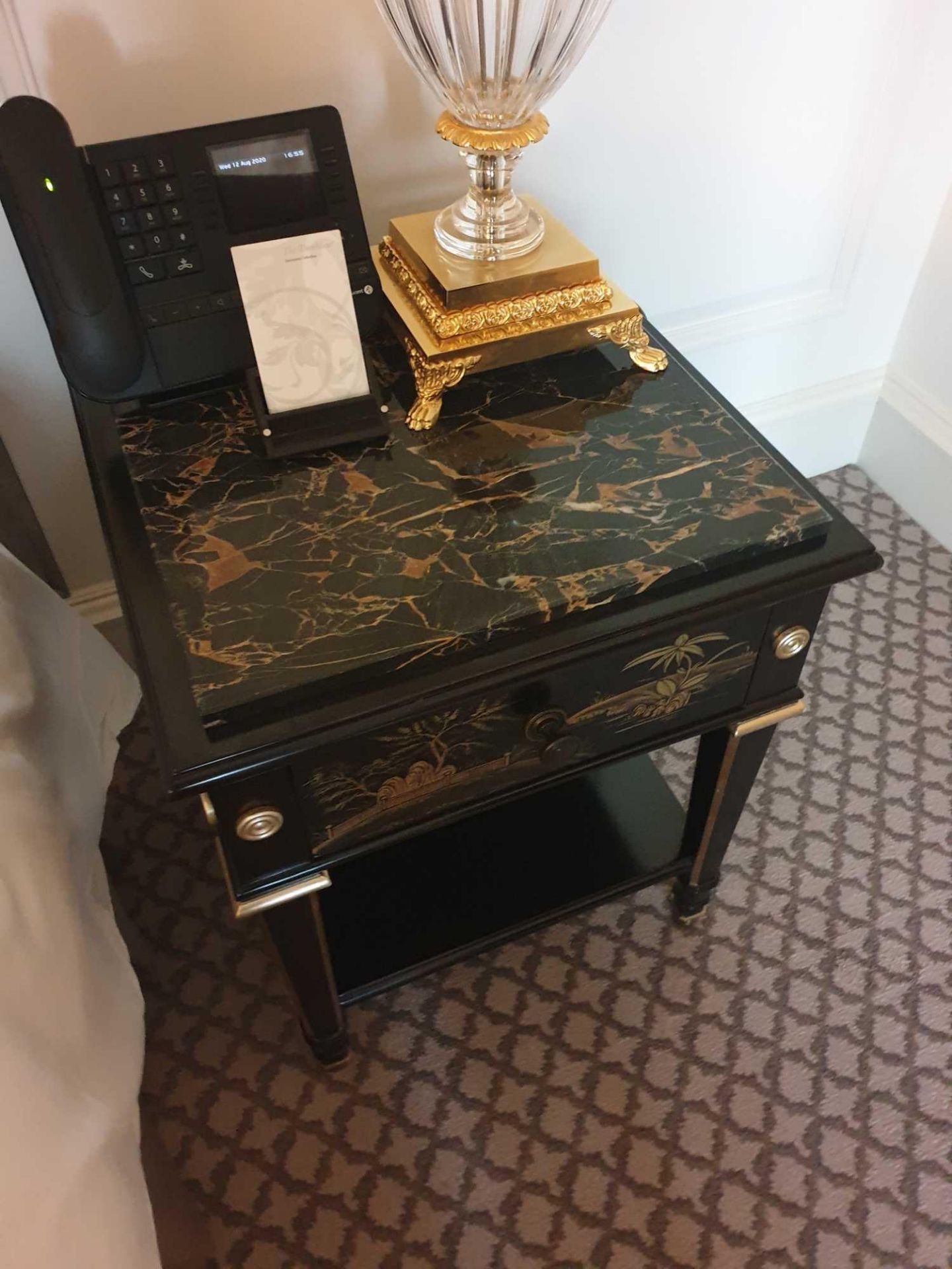 A Pair Of Marble Top Chinoiserie Black Lacquer Nightstands With Single Drawer With Hand Painted - Image 2 of 3