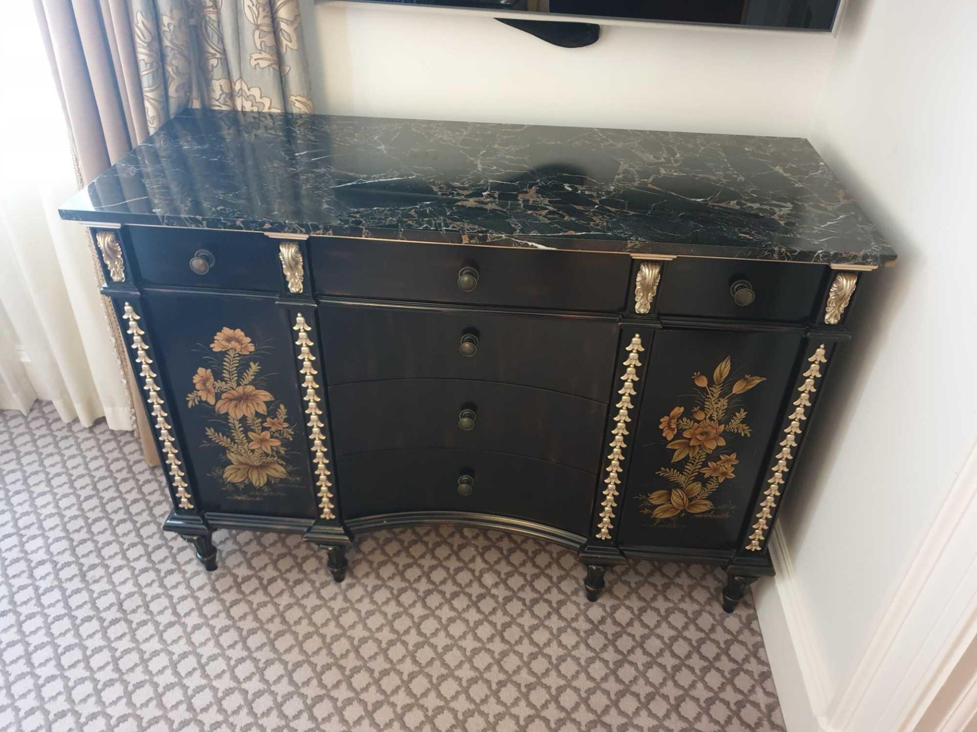 Black Lacquer Hand Decorated Chinoiserie Serpentine Commode By Restall Brown And Clennell The Six