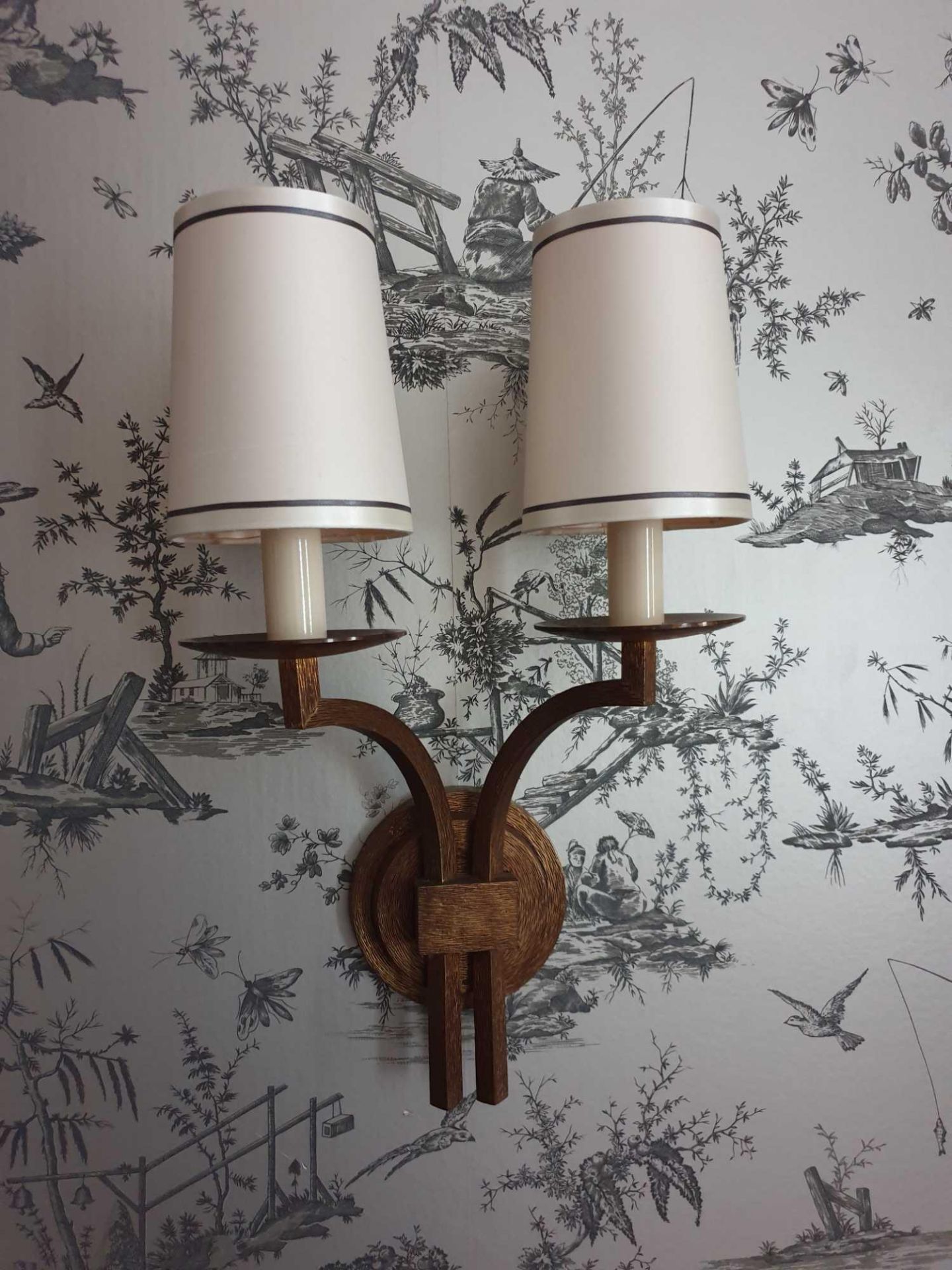 A Pair Of Dernier And Hamlyn Twin Arm Antique Bronzed Wall Sconces With Shade 51cm (Room 706 707)