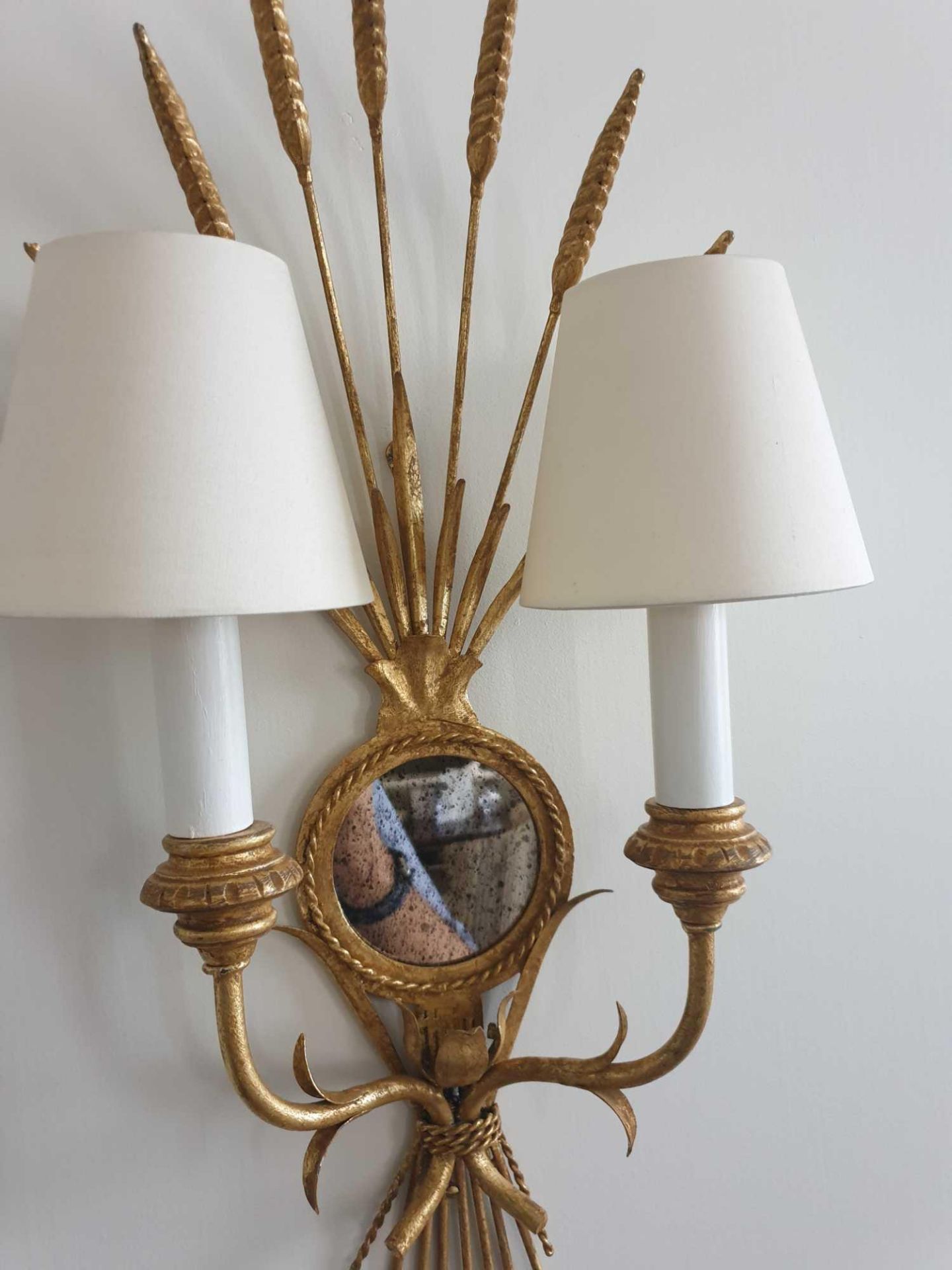 A Pair Of Wall Appliques Twin Arm In A Elegant Wheatsheaf Motif And A Small Decorative Mirror - Image 2 of 2