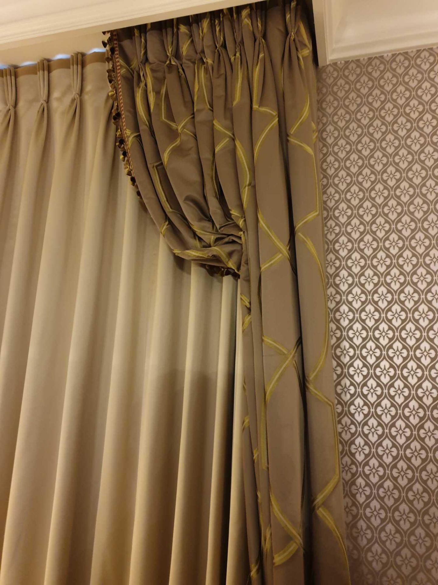 A Pair Of Silk Drapes And Jaots Dark Grey With Green And Grey Chain Pattern Tassels And Piping 210 x - Image 2 of 2