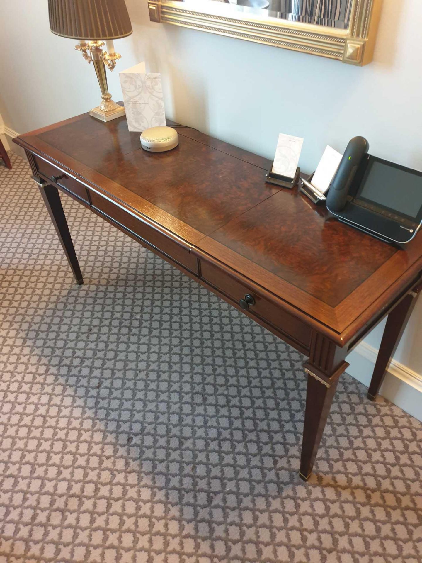 A Burr Mahogany Writing Desk / Dressing Table Fitted With Two Small Side Drawers The Central Panel