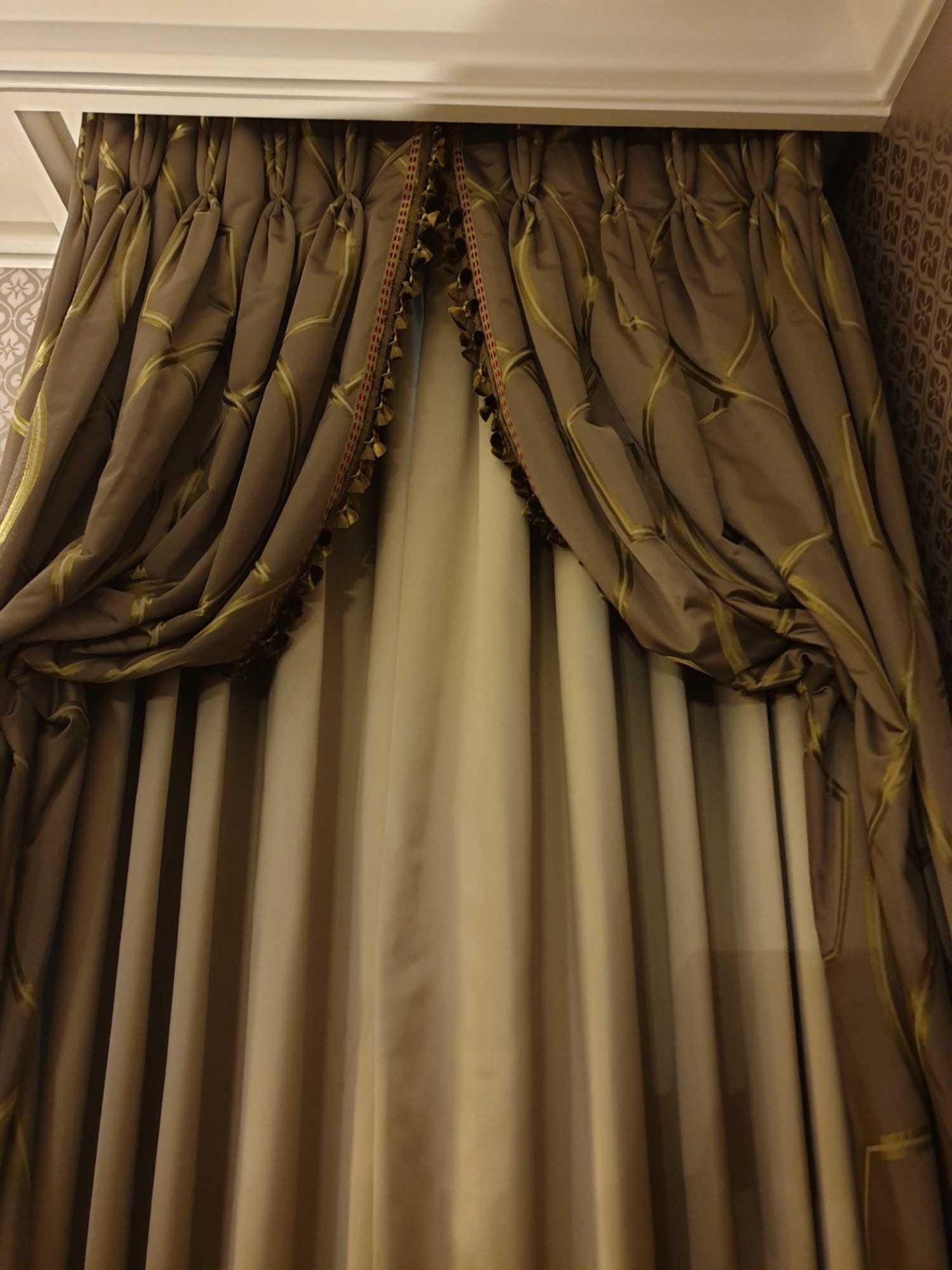 A Pair Of Silk Drapes And Jaots Dark Grey With Green And Grey Chain Pattern Tassels And Piping 100 x - Image 2 of 2