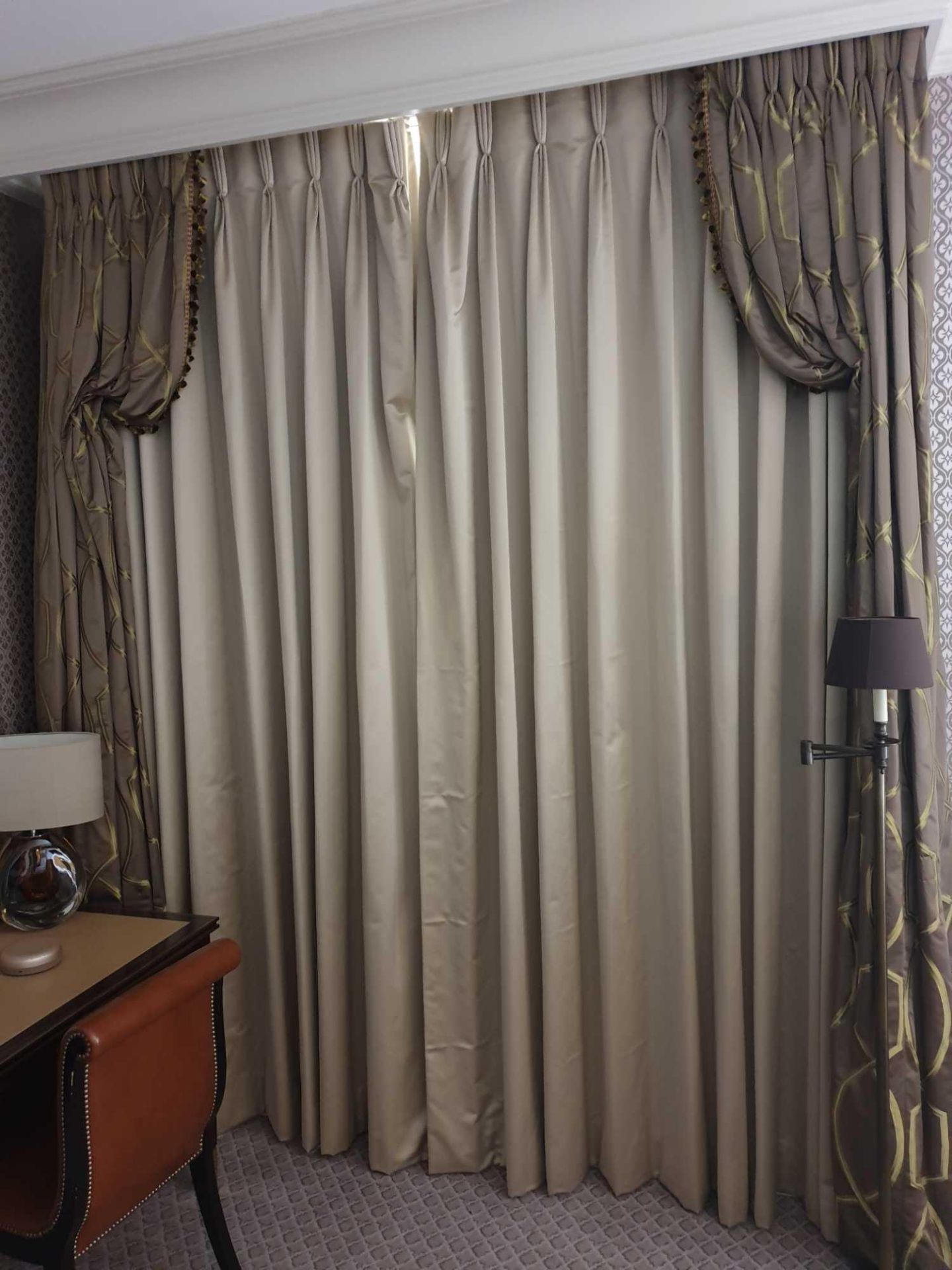 A Pair Of Silk Drapes And Jabots With Green And Grey Chain Pattern Tassels And Piping 220 x 280cm (