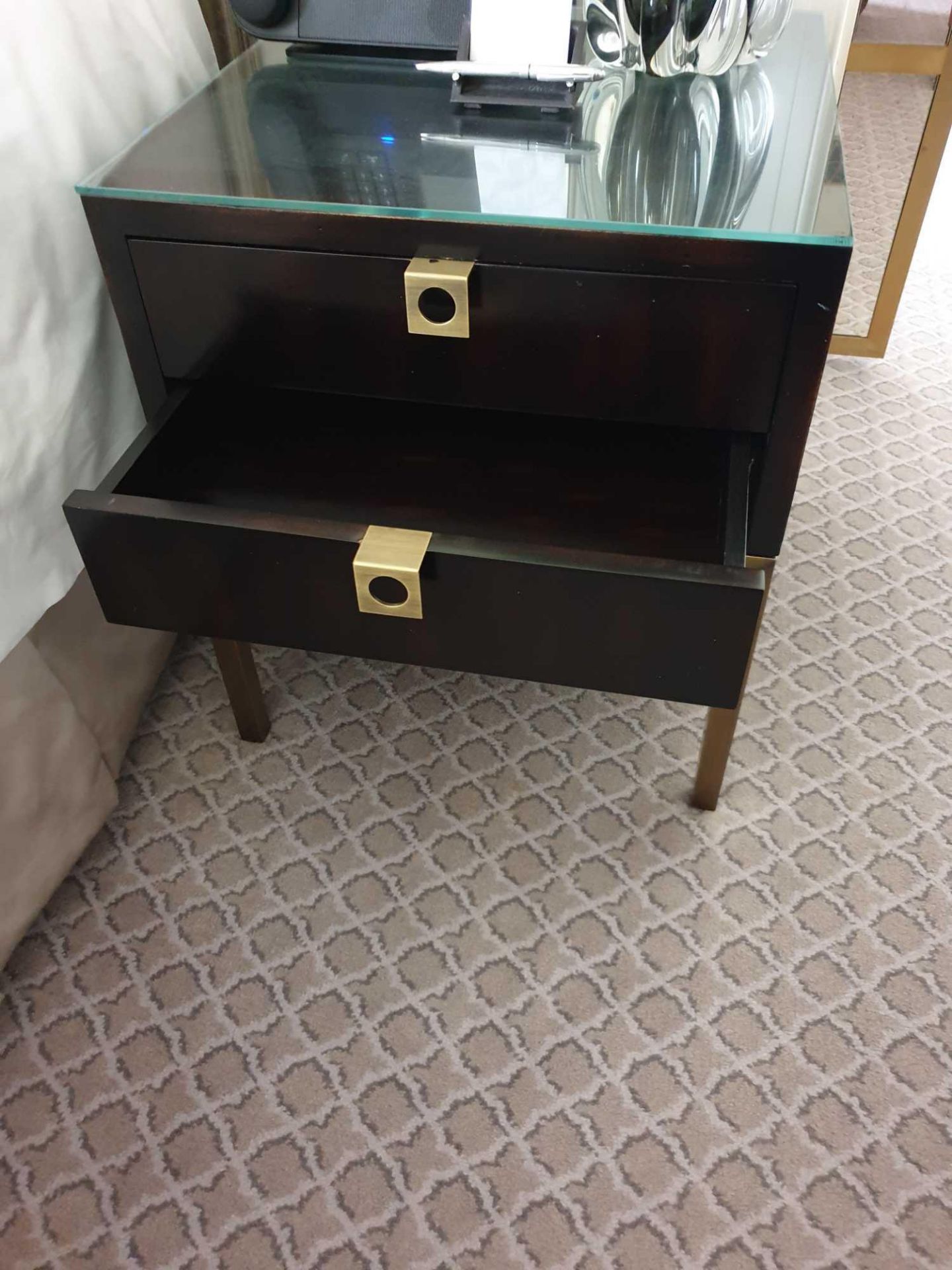 A Pair Of Night Stands Two Drawer With Bronzed Handle Pulls And Protective Glass Top 50 x 50 x - Image 2 of 2