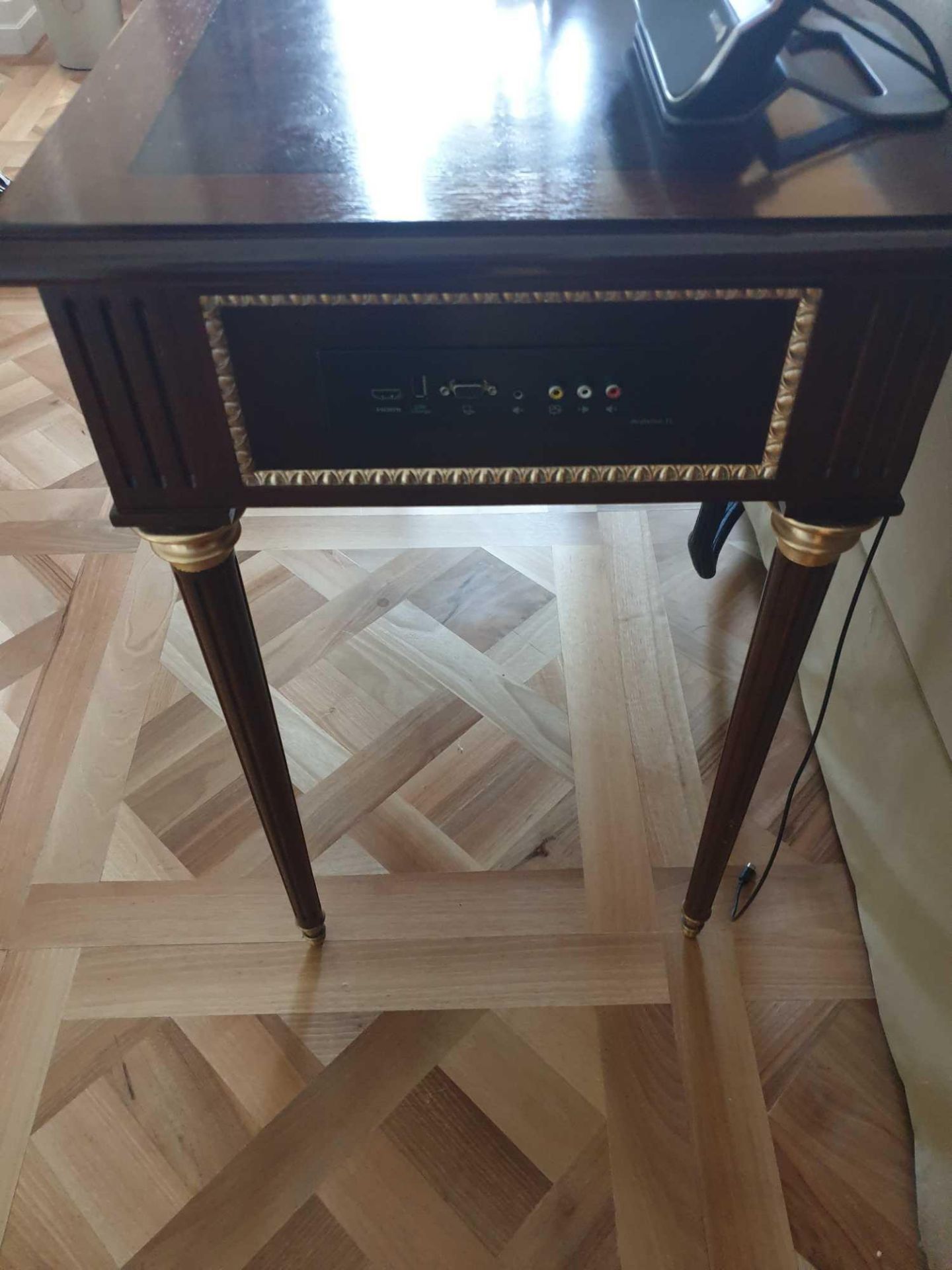 Writing Desk With Tooled Leather Inlay Faux Central Drawer Flanked By Single Drawer And Flap - Image 3 of 4