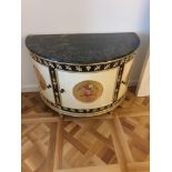 Adam Style Demilune Commode Cabinet With Classical Painted Scenes And Gilded Decoration With