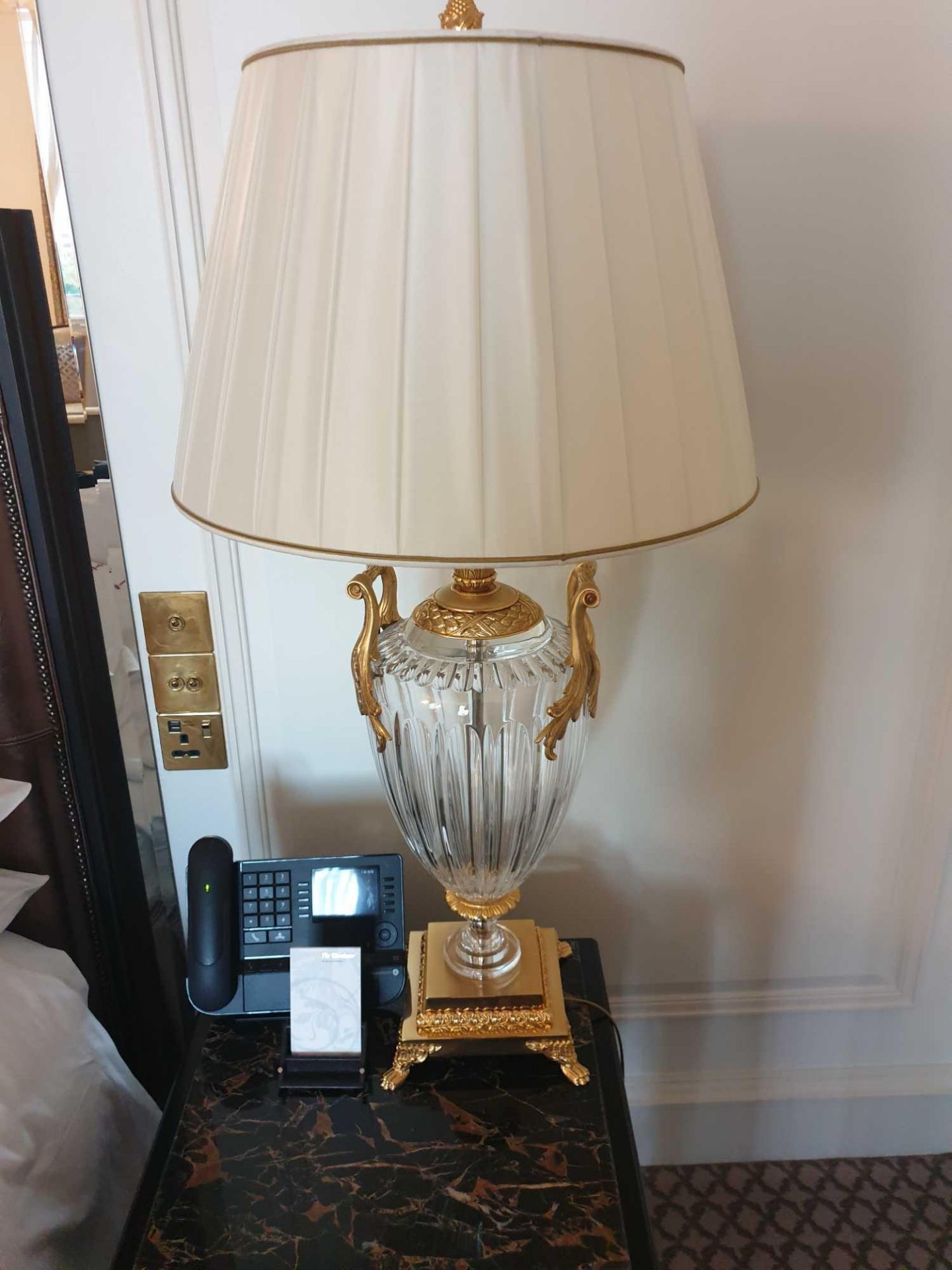 A Pair Of Laudarte Crystal Table Lamps Inserts And Decorations In 24ct Gold With Shade 95cm Tall (