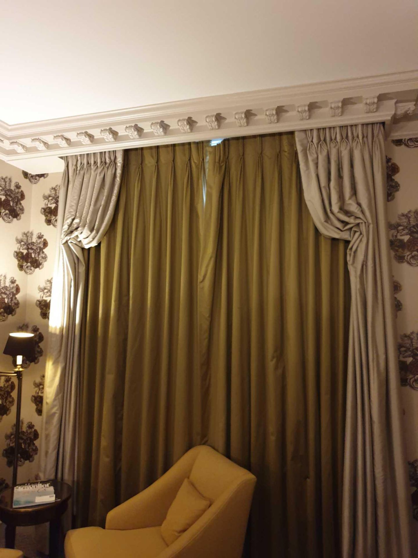 A Pair Of Silk Drapes Green And Grey With Trim 200 x 280cm (Room 730)