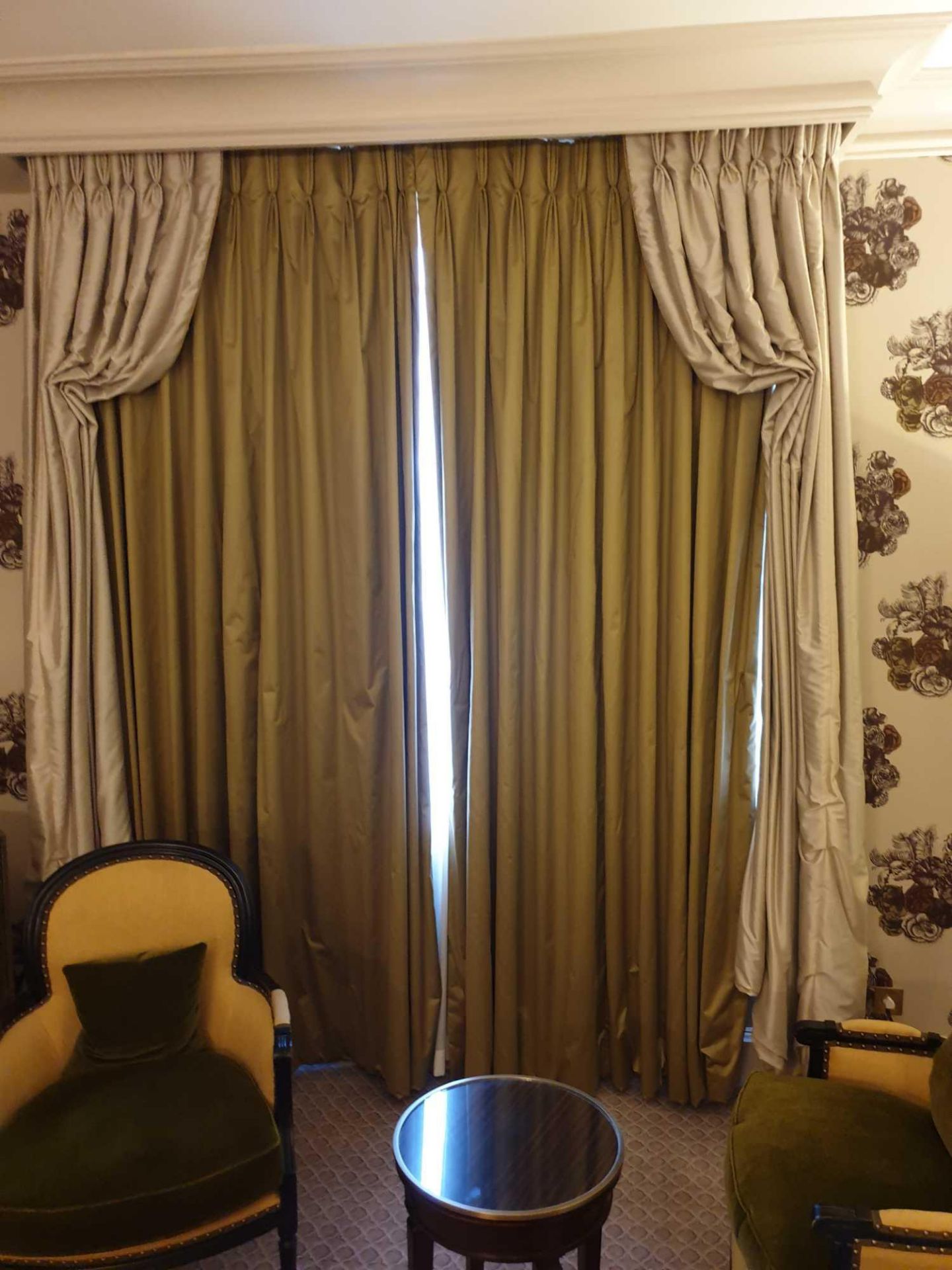 A Pair Of Silk Drapes Green And Grey With Trim 220 x 280cm (Room 730)