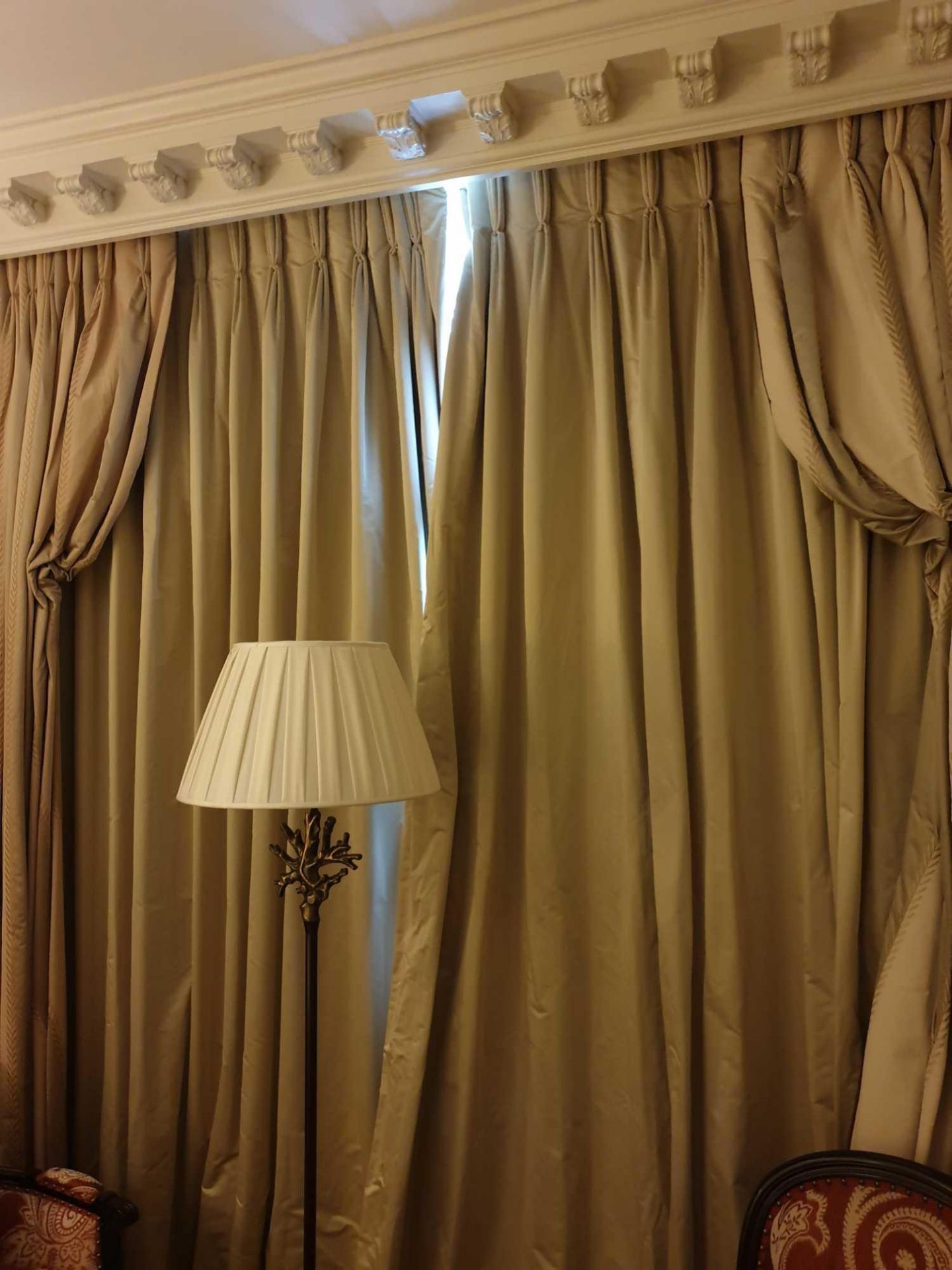 A Pair Of Silk Drapes And Jabots Light Gold And Dark Gold Stripes With Intermittent Gold-Stitched