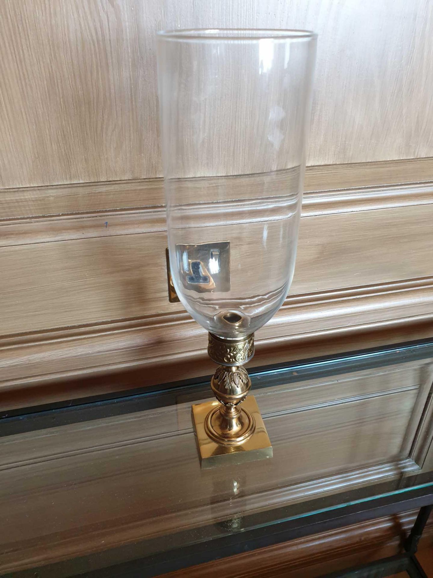 A Pair Of Candle Holders With Tall Glass Shades And Brass Featuring Ornamental Design 42cm (Room 710