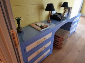 Multi-Purpose WFH Desk, Vanity and Clothes Dresser Oak timber Dressing Table/Desk with six rattan