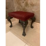 A pair of Decca Hall Bench Upholstered Red Seat Pad With Nail Head Trim On Mask Knuckle Cabriole