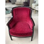A Pair Of Bergere Chairs The Mahogany Frame With Deep Red Patterned Fabric With Stud Pin Detail 68 x