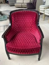 A Pair Of Bergere Chairs The Mahogany Frame With Deep Red Patterned Fabric With Stud Pin Detail 68 x