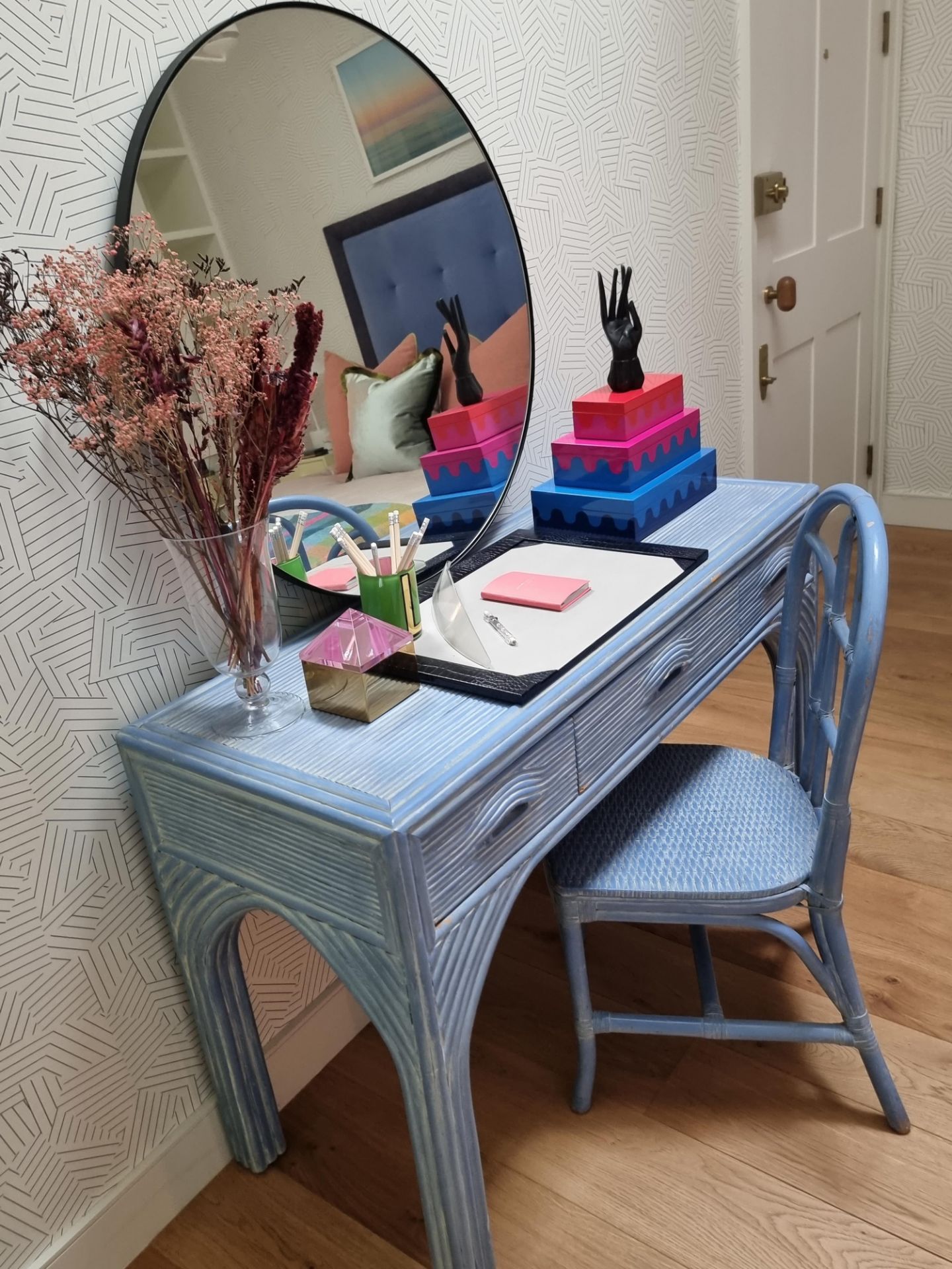 Vintage 1980s French blue desk and chair the desk with three drawers and overall finished in a - Image 8 of 8