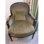 Bergere Chair Black Wood Frame Upholstered In Green With Stud Pin Detail 66 x 55 x 92cm