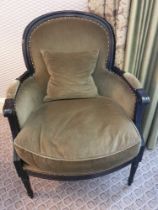 Bergere Chair Black Wood Frame Upholstered In Green With Stud Pin Detail 66 x 55 x 92cm